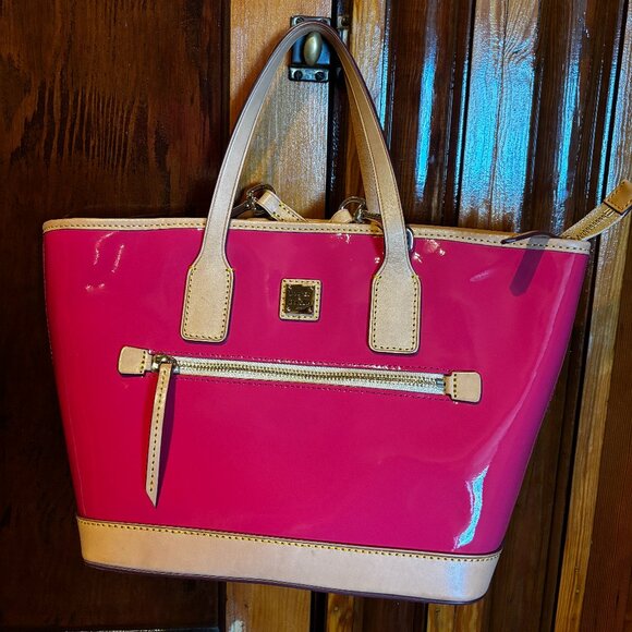 Dooney and Bourke Hot Pink Patent Leather w/ Tan Trim Tote Bag Like New - Picture 1 of 5